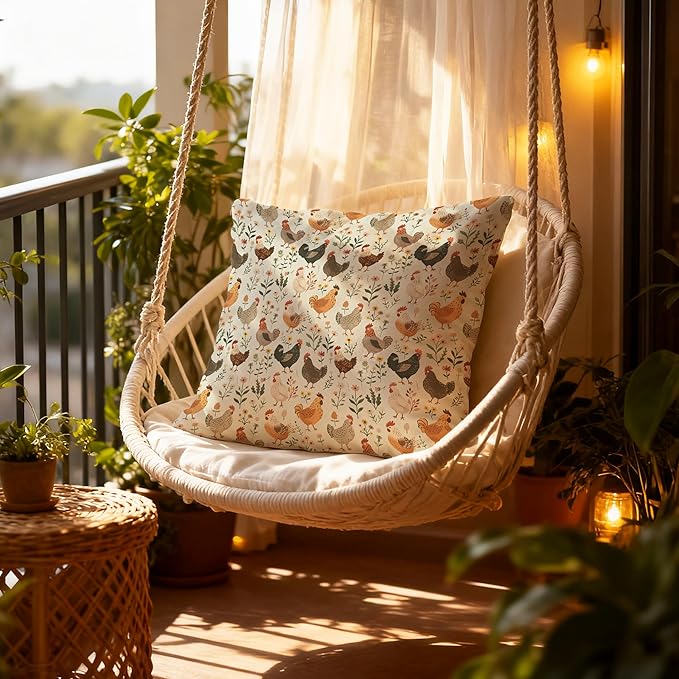 Rustic Floral Chicken Pillow Covers 18x18, Chicken Lover Lady Mom Gifts, Cottagecore Flower Farmhouse Hen Decorative Throw Pillow Covers for Home Bedroom Living Room, Set of 2