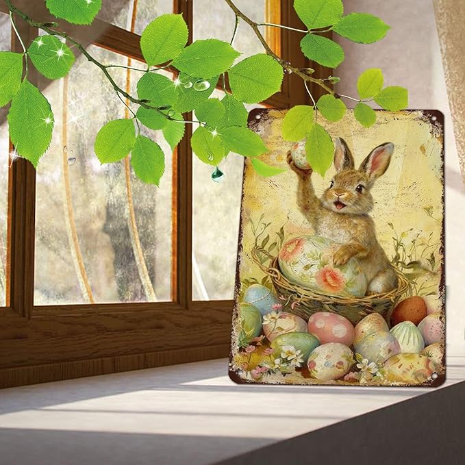 Rustic Easter Bunny Metal Sign Vintage Aluminum Plaque Suitable For Multiple Locations Including Terrace Beach Garage Gym Laundry Room 12X16Inch