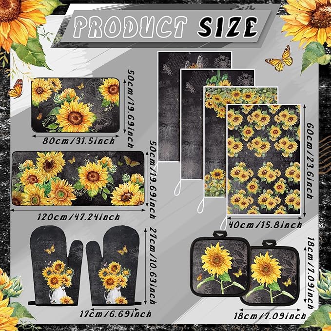 10 Pcs Vintage Sunflower Kitchen Dish Towels Rugs Oven Mitts and Pot Holders Set Farmhouse Kitchen Decor Set for Women Mom Daughter Gift Cooking Baking Grilling(Vintage Gray)