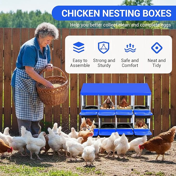 Chicken Nesting Box 8-Hole Roll Away Egg Laying Box with Lid, Galvanized Steel Rustproof Poultry Coop Box, Easy Clean, Wall Mountable No Bracket Needed for Hens, Blue
