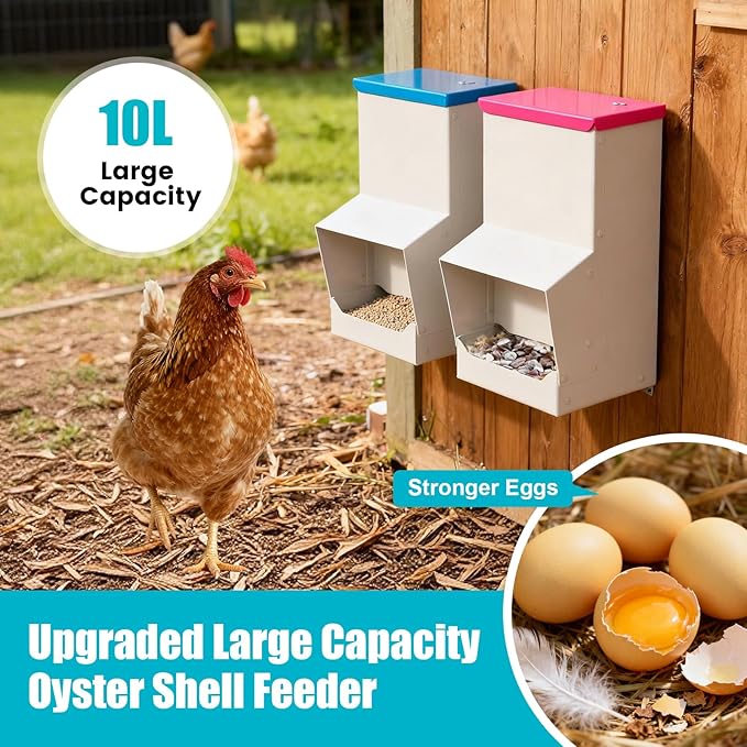 10L Chicken Grit and Oyster Shell Feeder Combo,Metal Automatic Chicken Feeder with Lid Chicken Coop Accessories Supplies Hanging Gravity Poultry Feeders Trough for Strong Eggs Poultry