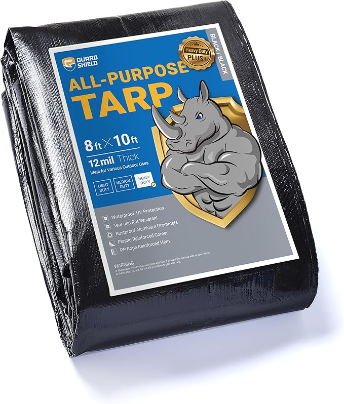 GUARD SHIELD Black Tarps Heavy Duty Plus+ Waterproof 8x10 Feet, 12mil Large Tarp with Reinforced Grommets, Outdoor Cover for Roof, Car, Boat, Truck and Ground Pool