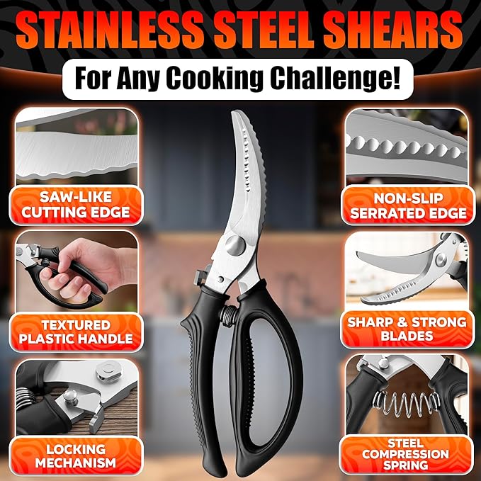 Poultry Shears Heavy Duty – Stainless Steel Chicken Shears | Meat, Vegetables, Seafood | Fish Scale Remover & Bone Scissors | Bone Cutting Scissors with Non-Slip Serrated Saw-Like Edge, Safety Lock