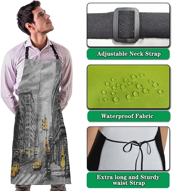 Baking Apron for Women Oil Painting Street View of New York Funny Aprons for Men for Kitchen Cooking Restaurant BBQ Painting Crafting 27” (W) x 31” (H), Waterproof Apron