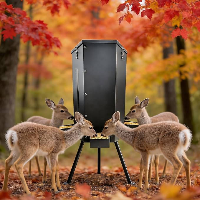 80 lbs Galvanized Steel Gravity Deer Feeder | Weatherproof & Anti-Rust Wildlife Game Feeder with 3 Feeding Trays & 3-Leg Stand | Automatic Corn Dispenser for Deer, Goats, Horses