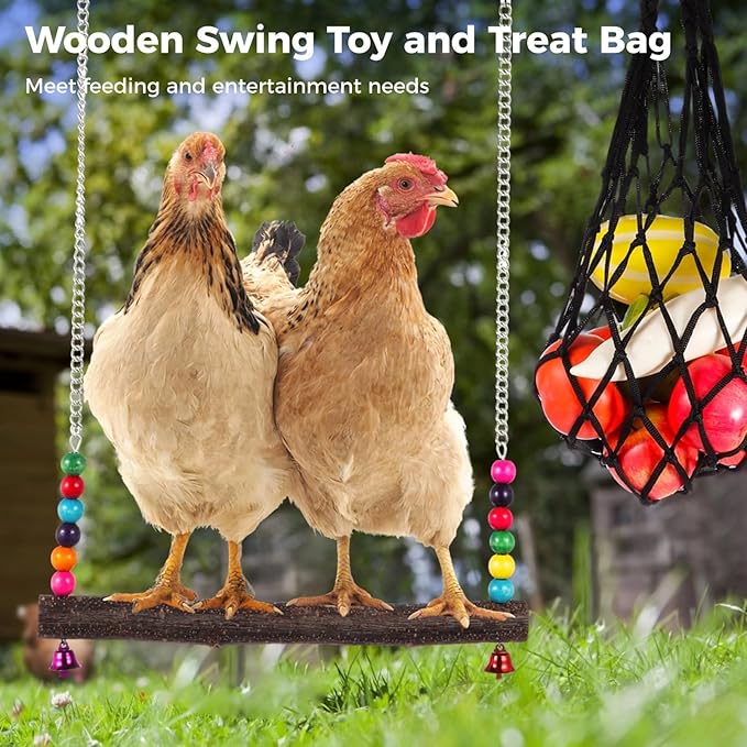 OMISTAR Chicken Net Catcher Set 5 PCS - Poultry Catching Net Set, Retractable Chicken Net, Chicken Catcher Farm Tools, Includes 2 Extendable Rods, Net, Hook, 2 Treat Bags, Natural Wood Swing Toy