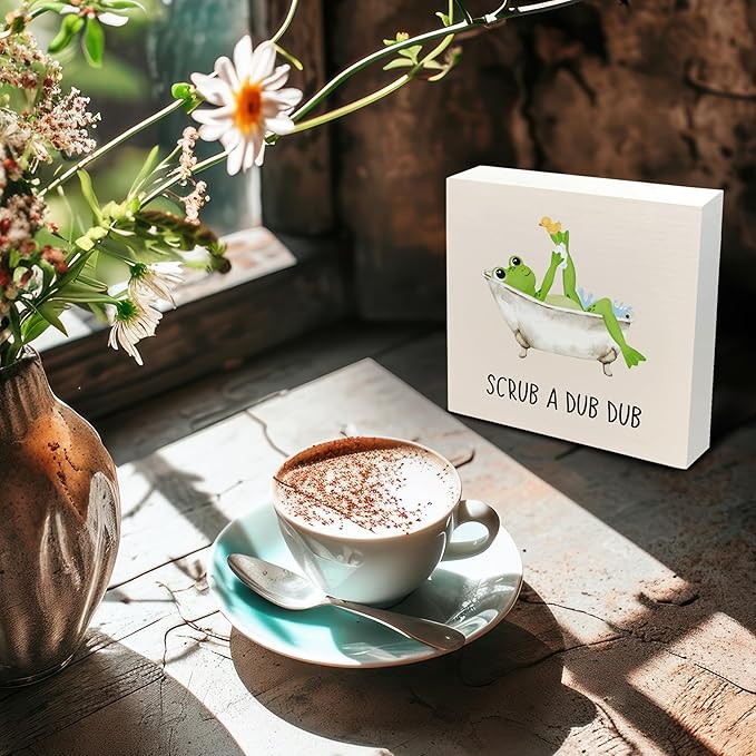 Frog Wooden Box Sign - Frog Kids Bathroom Decor, Frog Gifts, Frog Decorations for Home, Frog Home Decor, Scrub a Dub Dub Frog Wooden Box Sign for Bathroom Shelf Desk Table 5x5 Inch