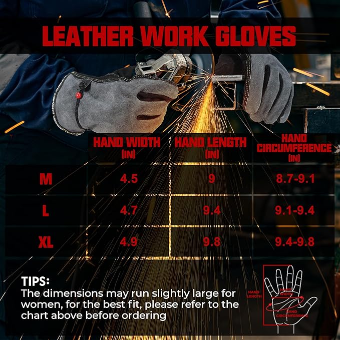 HANDLANDY Leather Work Gloves for Men and Women, Utility Tough Cowhide Glove