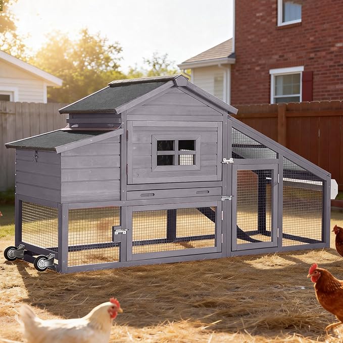 Mobile Chicken Coop with Run, Large Outdoor Wooden Poultry Cage Hen House with Wheels, Nesting Box, Pull-Out Tray, Waterproof Roof, Grey, 72.3" L x 26" W x 39.4" H, for 3-5 Chickens