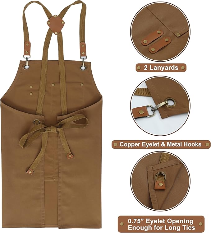 RUVANTI Work Apron for Men, Oil & Water Repellent, Poly Cotton Cross Back Aprons for Women with Pockets, Adjustable up to XXL