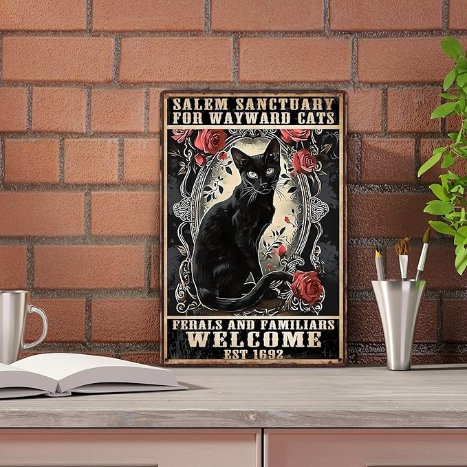 Sanwarm Metal Sign 8X12 Inch, Witch Black Cat Sanctuary Wayward Salem Vintage Tin Sign Wall Art Decor for Home, Living Room, Kitchen, Garden, Bedroom, Office, Hotel, Cafe And Pub Decoration