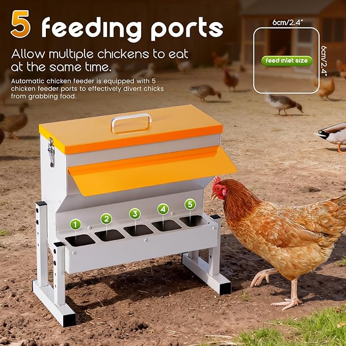 16L Metal Chicken Feeder, Adjustable Poultry Feeder with 5 Ports, Large Capacity Chicken Feeder No Waste for Chickens Ducks Turkeys