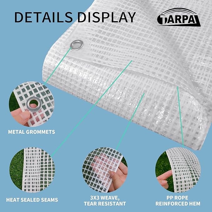 TARPAL 4'x10' Clear White Tarp Heavy Duty Waterproof 12mil with Grommets or Zip Ties for Small Greenhouse for Outdoors Garden,Farm,Chicken Coops