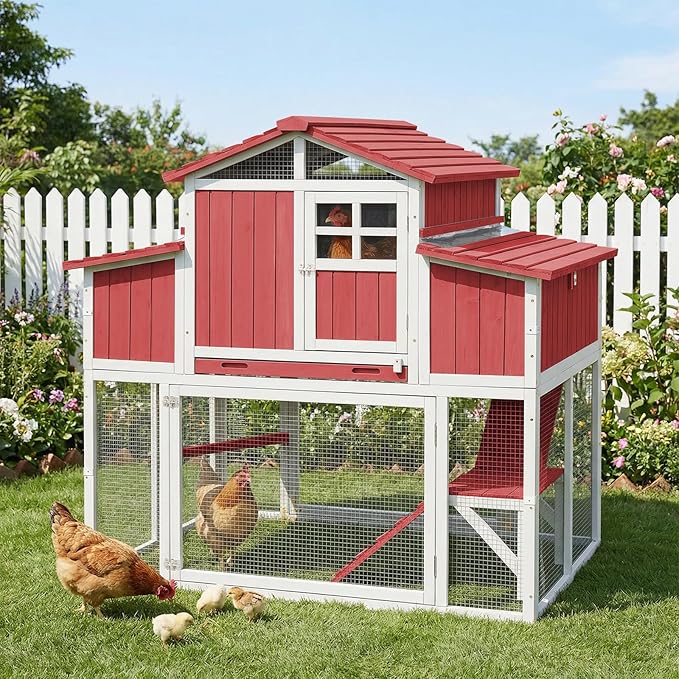 Large Outdoor Wooden Chicken Coop with Run for 2–4 Chickens, 2-Tier Elevated Hen House with Dual Nesting Boxes, Removable Slide-Out Tray, Reinforced Frame, Backyard Poultry Cage, Red