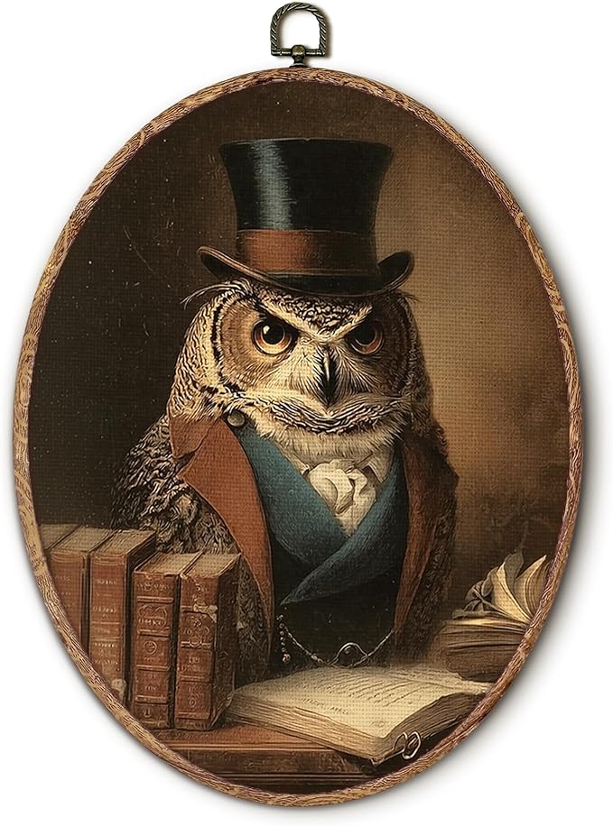 Hxlac Vintage Owl Book Oval Wall Art Framed, Whimsical Owl Bookish Oval Wall Decor, Moody Dark Academia Bird Canvas Prints Wall Sculptures for Home Library Reading Room Gallery Decor, 8.5x11.5 Inch