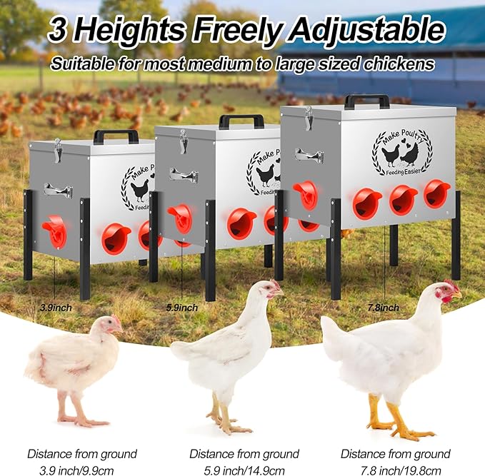 50LB Automatic Chicken Feeder Kit 8 Ports Large Metal Poultry Feeder Duck Chicken Coop Chick Feeder System Food Dispenser No Waste with Adjustable Legs Locking Lid Vegetable Hanging Bag Leg Rings