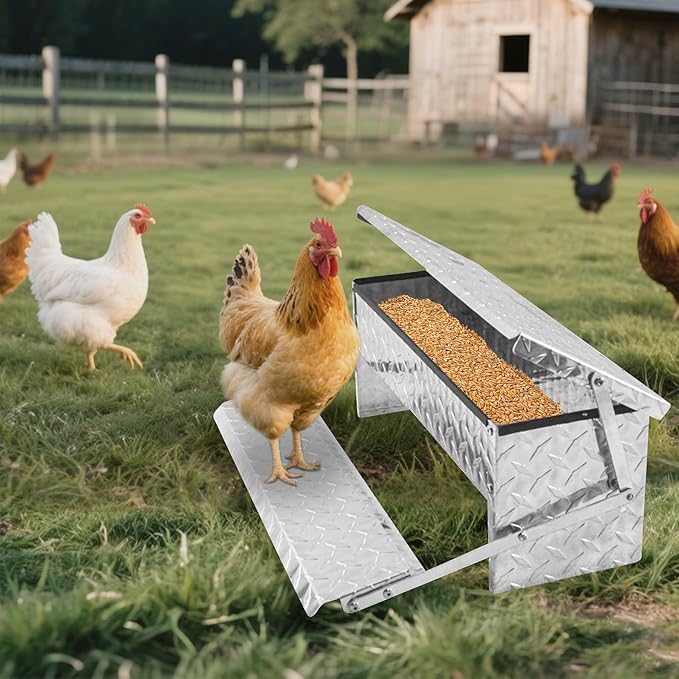 Treadle Chicken Feeder Automatic Large Poultry Feeders Capacity Treadle Self Opening Pou with Weatherproof Lid Rain Cover for Roosters Pheasant Chicken Outdoor Coop Silver Full Aluminum(18lbs/5000g)