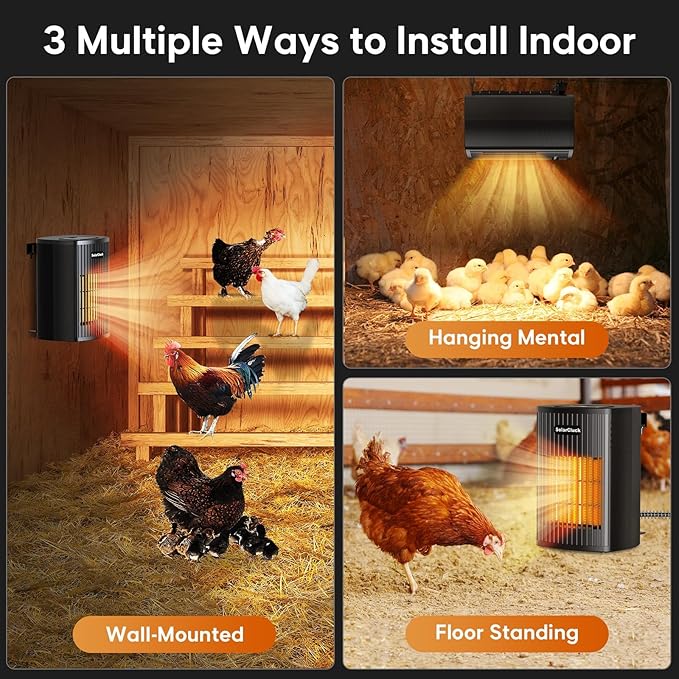 Chicken Coop Heater for Winter with Thermostat, 600W Wall-Mounted Chicken Coop Heaters Inside Coop with Adjustable Temp, Memory Function, 6.5FT Anti Chew Cord, Heat Warmer for Chickens, Ducks, Geese