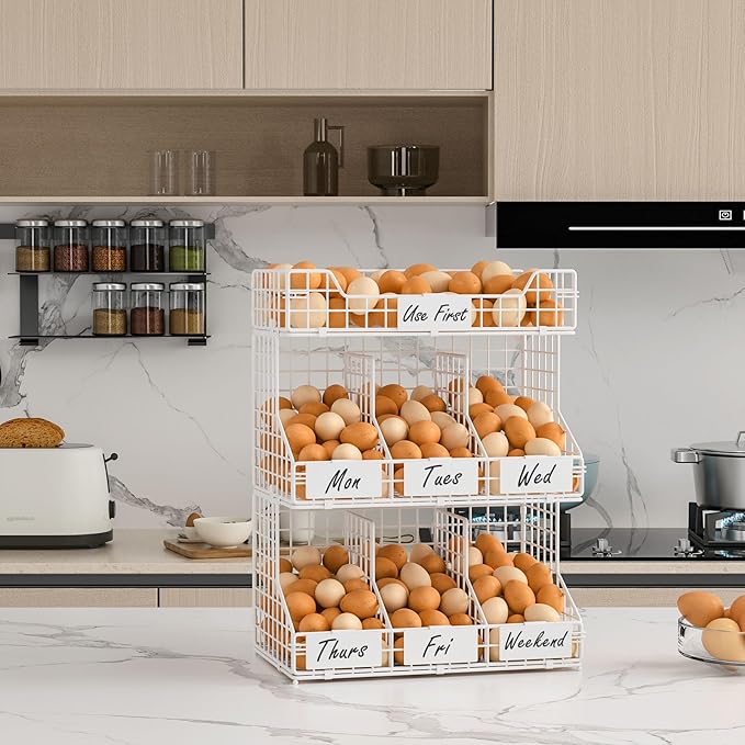 X-cosrack Egg Holder Countertop, 3 Tier Egg Rack with Labels Dividers to Separate Eggs, Stackable Wire Baskets for Fresh Egg, XXL Egg Dispenser for Countertop/Wall-Mounted, White (Patent Pending)