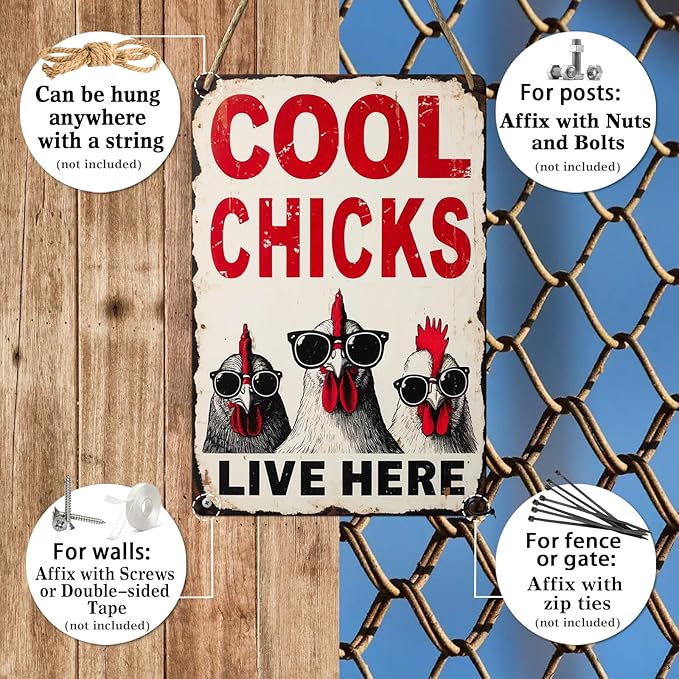 Cool Chicks Live Here Metal Tin Sign for Home Farmhouse Chicken Coop Home Kitchen Wall Decoration Chicken Coop Accessories Decor Wall Art 8x12 Inch