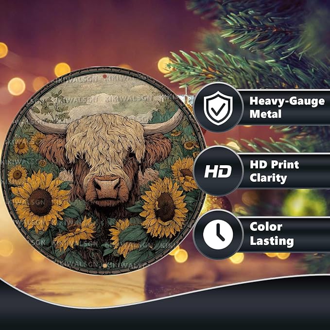 Vintage Highland Cattle Round Metal Sign Retro Sunflower Tin Sign Nostalgic Rustic Wall Decor Bedroom Living Room Cafe Yard Office Fence Door Outside Farmhouse Farm 12 * 12 In