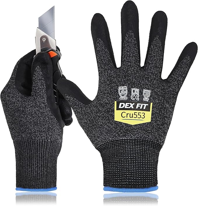 DEX FIT Level 5 Cut Resistant Gloves Cru553, 3D-Comfort Stretchy Fit, Power Grip, Professional Grade, Thin, Touch-Screen Compatible, Durable, Machine Washable; Black Gray XS (6) 1 Pair