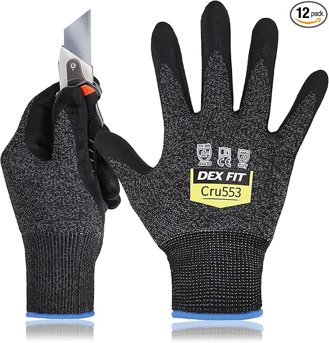 DEX FIT Level 5 Cut Resistant Gloves Cru553, 3D-Comfort Stretchy Fit, Power Grip, Professional Grade, Thin, Touch-Screen Compatible, Durable, Machine Washable; Black Gray L (9) 12 Pairs