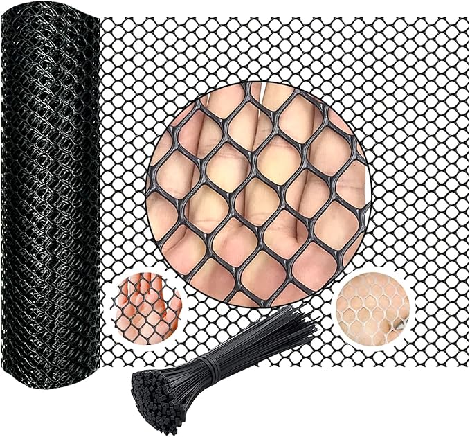 Black Plastic Wire Mesh Fence Plastic Chicken Wire Fence Mesh 15.7IN x6.56FT Best for Poultry, Cat,Dogs, Rabbit, Snake & Gardening Plastic Chicken Wire Mesh,with 50 Pcs Fixed Straps