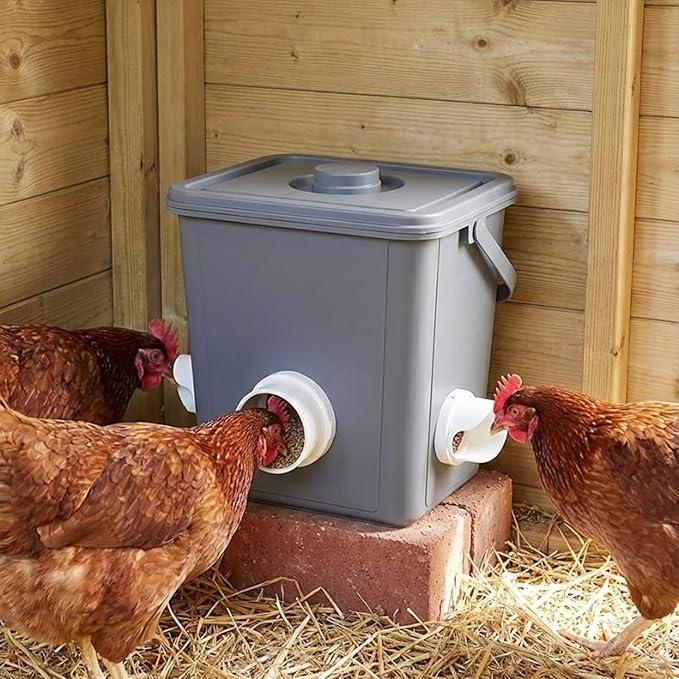 Chicken Feeder and Waterer Set (2.6 Gallon / 10L) – Square Automatic Poultry Dispenser Kit – Gravity Feed Ports & Drinking Cups – Durable Coop Accessories for Hens & Ducks (Grey)