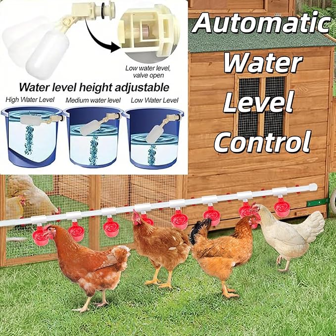 Complete Set Pipeline Automatic Chicken Waterer System, DIY Chicken Water Feeder with 9 Chicken Water Cups,1/2" PVC Tee Fittings & Pipe,Brass Pipe Fittings, Ball Valves, Poultry Waterer