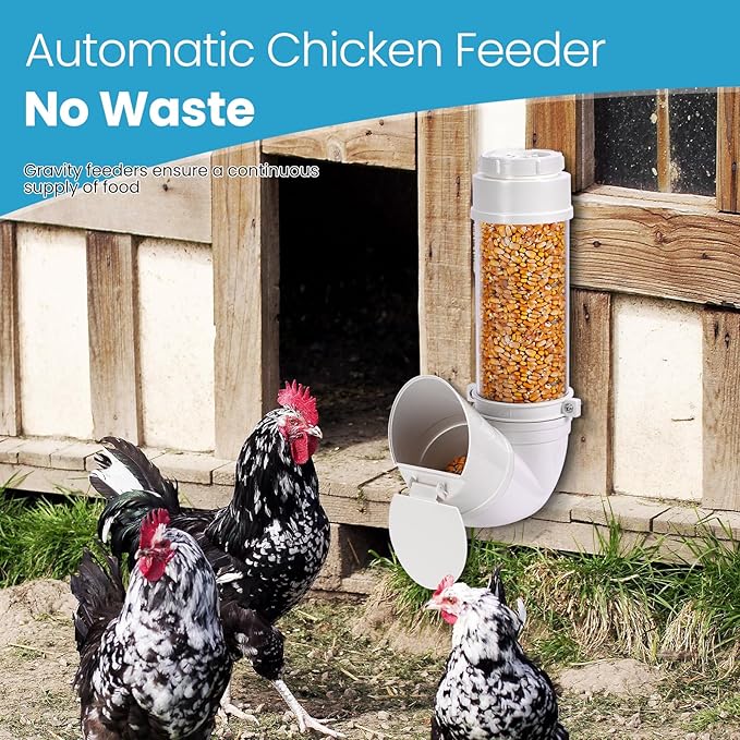 Automatic Chicken Feeder No Waste 6 Pounds Duty PVC Gravity Poultry Chicken Coop Feeder, Wall Mounted Visible Gravity Fed Poultry Feeder Tube with Rain Cover for Ducks Turkeys Geese Quails