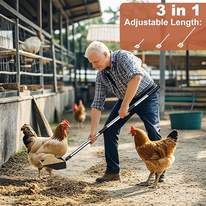 Metal Chicken Poop Scooper Heavy Duty Sifting Shovel Chicken Accessories Cleaning Tools Adjustable to 41.3" Long Handle Poop Shovel for Poultry Litter Scooper Supplies