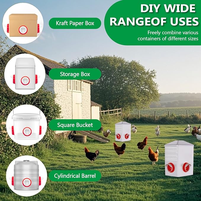 DIY Chicken Feeder kit -6-Port Waste Free Gravity Poultry Feeder with Hole Saw and lid, Suitable for Bucket/Barrel/Box/Trough (Weatherproof, red)