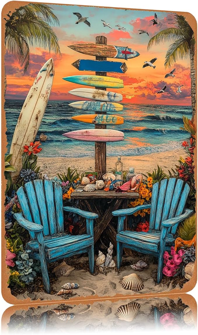 Vintage Metal Sign Beach Surfing Boards Tin Sign Funny Walll Decor for Bar Kitchen Pubs Cafe Home Garage 12×8 Inch