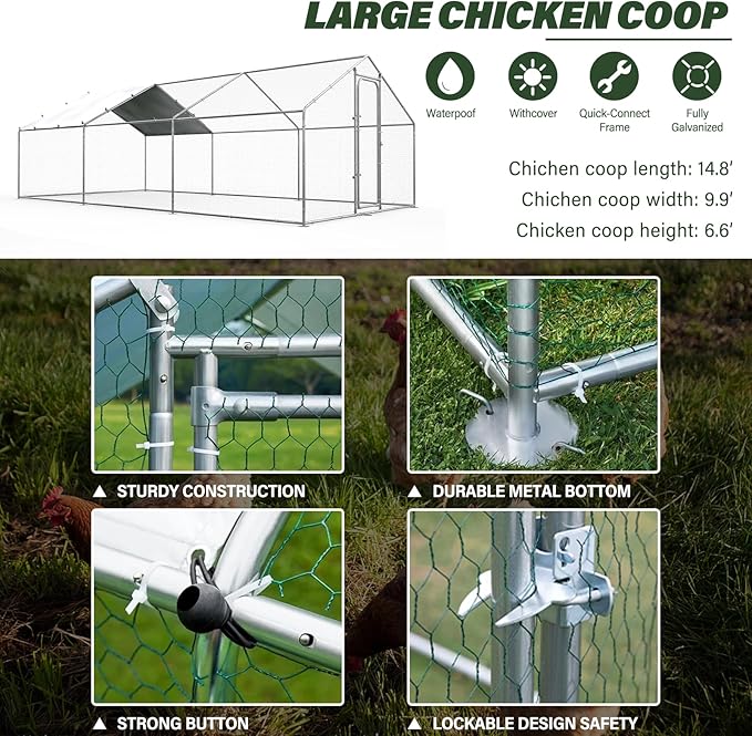 ORANLAND Large Metal Chicken Coop, Spire Chicken Runs for Yard with Cover, Walk in Chicken Coop with Security Lock and Waterproof Cover for Outdoor Farm Use