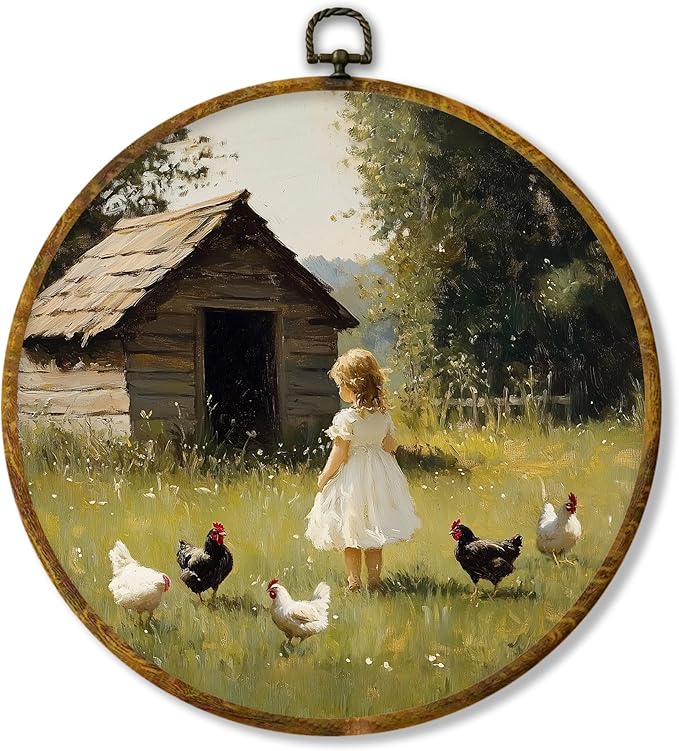 Hiuwevt Farmhouse Round Wall Art Decor, Rustic Farm Scene Little Girl With Chickens Framed Canvas Prints, Cottagecore Countryside Round Wall Hanging Decor for Bedroom Home Decorations, 10x10 Inches