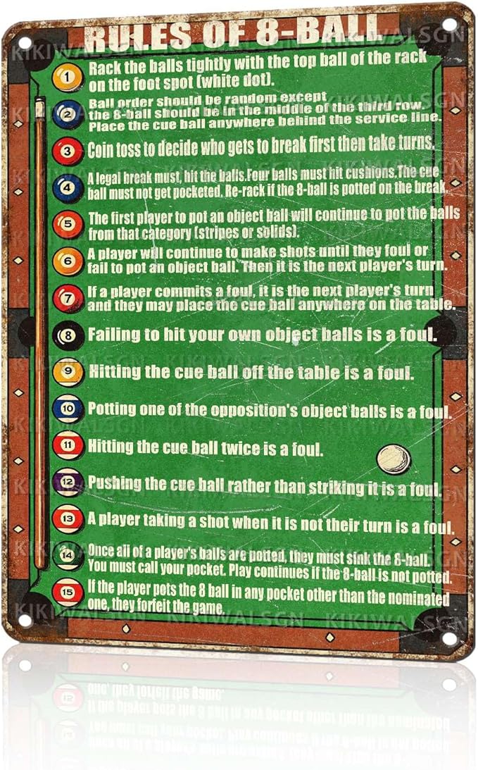Pool Table Room Decor 8 Ball Rules Sign Retro Pool Table Tin Sign Vintage Metal Poster Nostalgic Wall Art Bar Pub Man cave Shop Living Room Bathroom 16 * 12 In