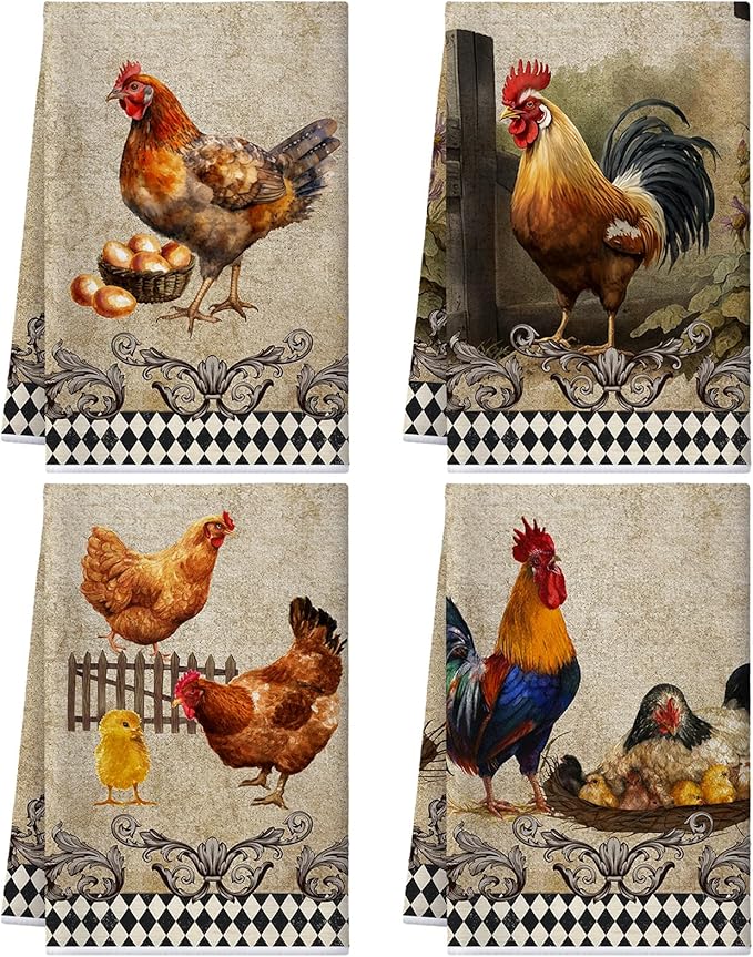 Geyoga 4 Pcs Chicken Kitchen Towels Rooster Dish Hand Towels Farm Animal Cow Vintage Rustic Tea Cloth for Spring Easter Bathroom Farmhouse Decor Gifts, 16 x 24 Inch(Delicate Color,Rooster)