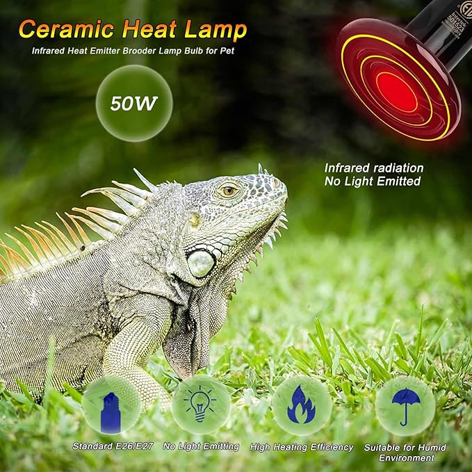 50W Ceramic Heat Emitter Che Bulb Reptile Heat Lamp No Light Emitted Pet Brooder Coop Heater Heat Bulb Black-2 Pack