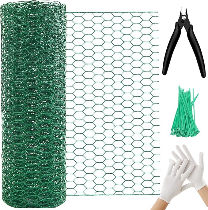 Chicken Wire 15.7in x 236in with a Pair of Gloves，1 Wire Cutter，50 Pcs Cable Zip Ties, Floral Chicken Wire Mesh 0.8in Hexagonal Galvanized PVC Coated Garden Netting Fence for Craft Poultry Garden