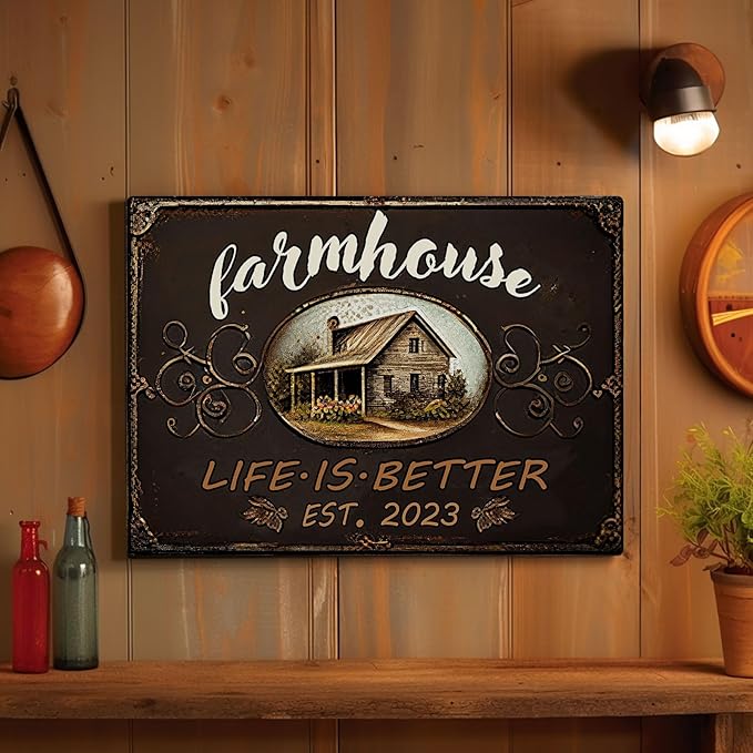 Rustic Farmhouse Metal Sign Vintage Style Life is Better Wall Decor Gift 12x8 Inches