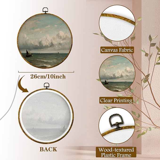 shiviody Vintage Coastal Sailboat Canvas Wall Art Decor, Moody Nautical Ocean Maritime Seascape Beach Round Hanging Frame Prints Decorations for Home Bedroom Living Room Beach House 10"x10"