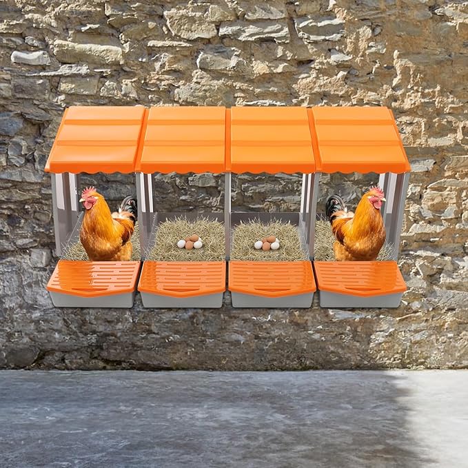 Chicken Nesting Boxes 4 Compartment PP Nesting Box with Inclined Nesting Boxes & Vented Holes Wall Mount Chicken Laying Boxes for Chicken Coop (Orange)