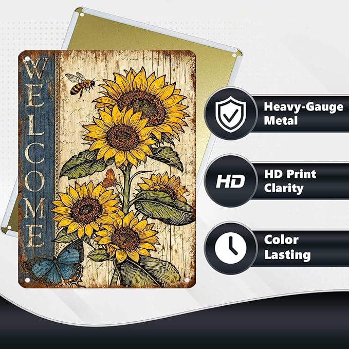 Vintage Sunflower Tin Sign Welcome Retro Garden Metal Sign Rustic Nostalgic Wall Decor For Home Garden Plaque Yard Bar Farmhouse Porch Living Room Cafe Kitchen 16 * 12 In