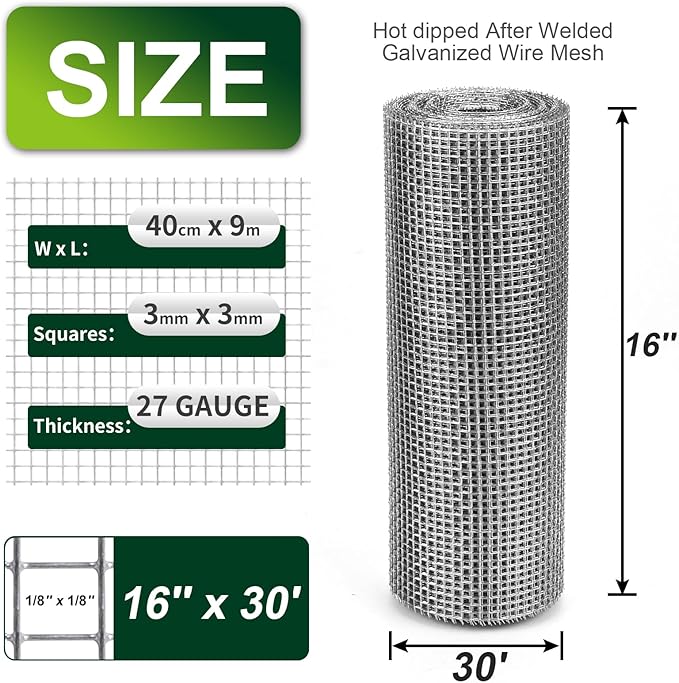 1/8 Inch Hardware Cloth 16'' x 30' 27 Gauge Hot Dip Galvanized Welded Wire Mesh for Chicken House/Coop Fencing, Animal Cage Netting, Bee Swarm Protection Netting and Poultry Enclosures