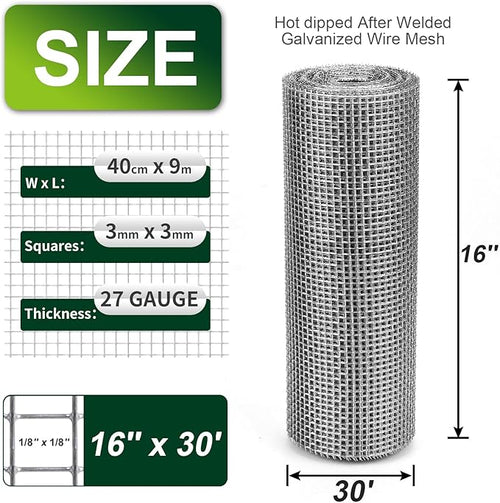 1/8 Inch Hardware Cloth 16'' x 30' 27 Gauge Hot Dip Galvanized Welded Wire Mesh for Chicken House/Coop Fencing, Animal Cage Netting, Bee Swarm Protection Netting and Poultry Enclosures