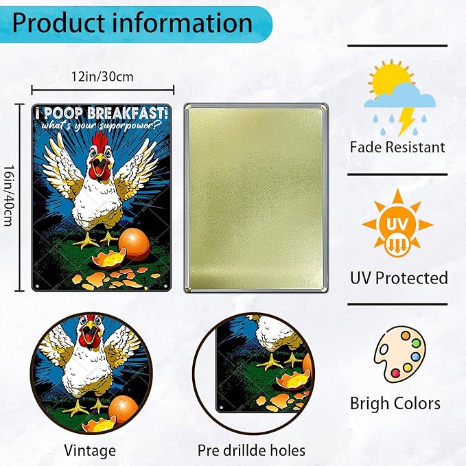 Funny Chicken Decorations for Kitchen Chicken Tin Sign I Poop Breakfast Whats Your Superpower Wall Decor 16x12 Inch