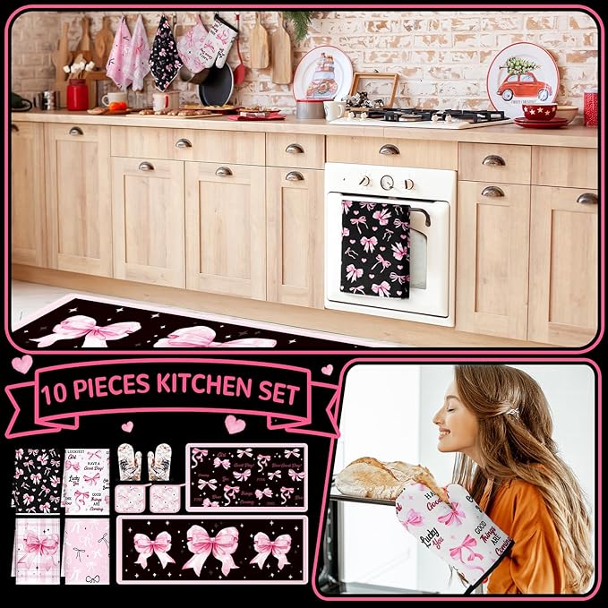 10 Pcs Bow Kitchen Dish Towels Rugs Oven Mitts and Pot Holders Set Farmhouse Kitchen Decor Set for Women Mom Daughter Gift Cooking Baking Grilling(Black, Pink)