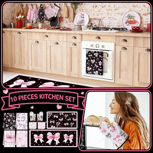 10 Pcs Bow Kitchen Dish Towels Rugs Oven Mitts and Pot Holders Set Farmhouse Kitchen Decor Set for Women Mom Daughter Gift Cooking Baking Grilling(Black, Pink)