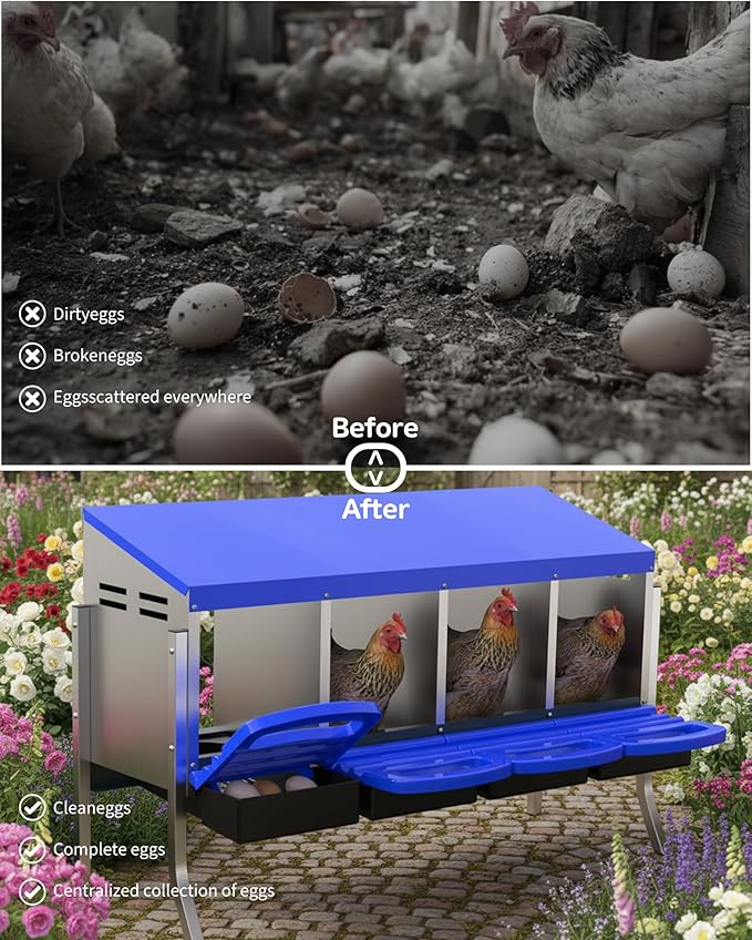 Chicken Nesting Box 4 Hole, Galvanized Steel Nest with Roll Away Egg Collection & Swing Perch, Easy-Clean Laying Box for Hens, Heavy Duty Design for Chicken Coop
